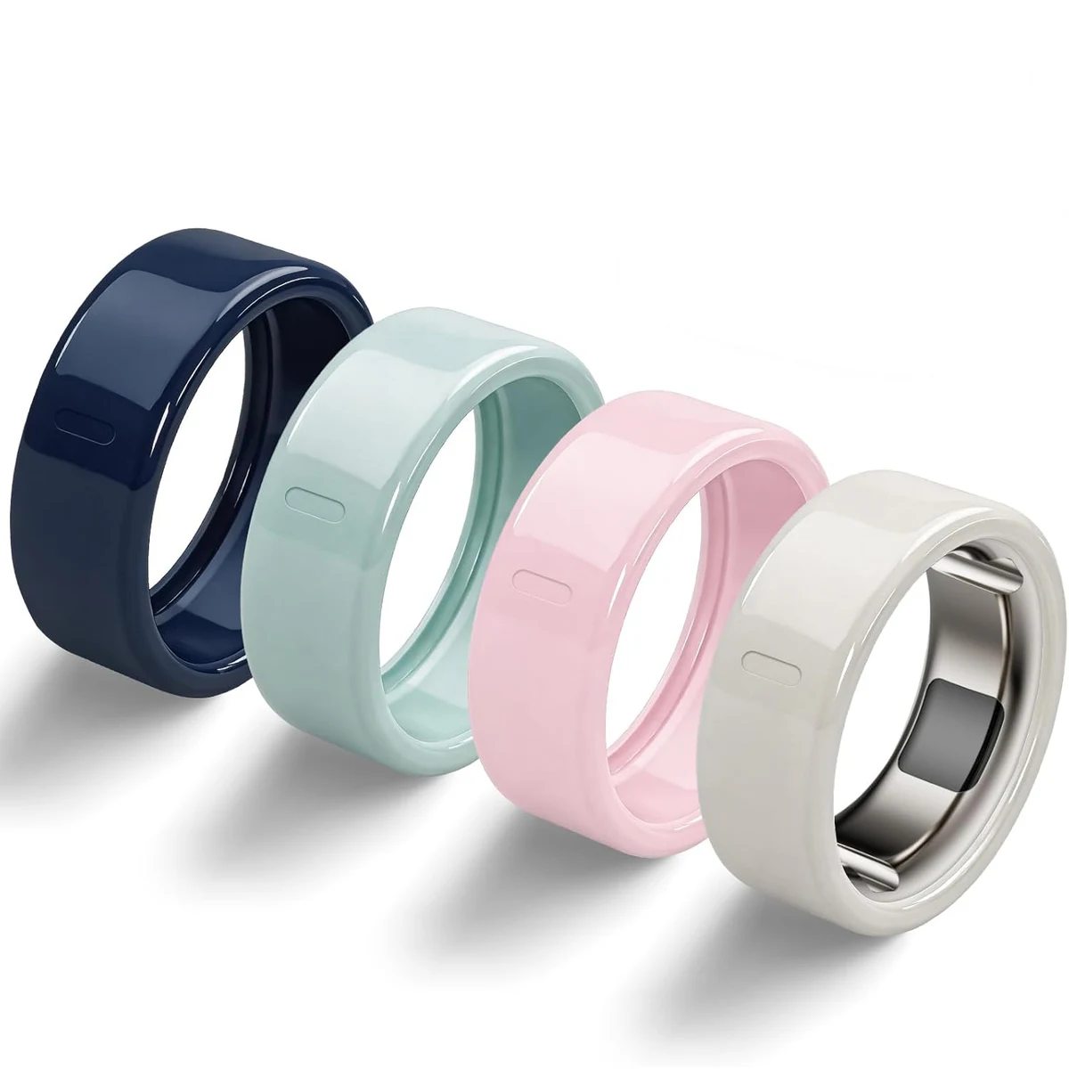 Four glossy navy, pale blue, pink, and cloud-tone Sylacor TPU covers