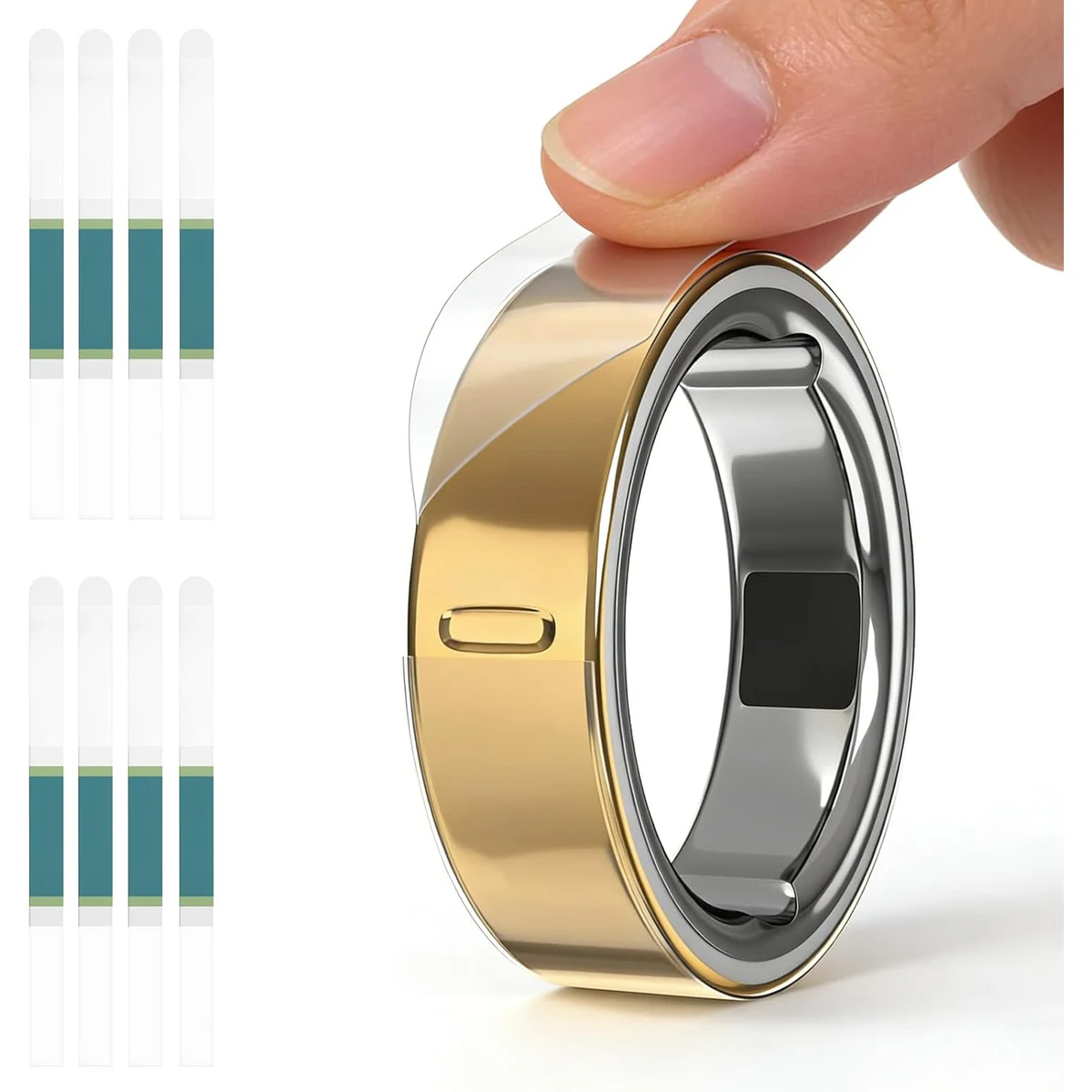 Clear Sylacor protective film being applied to a polished gold smart ring