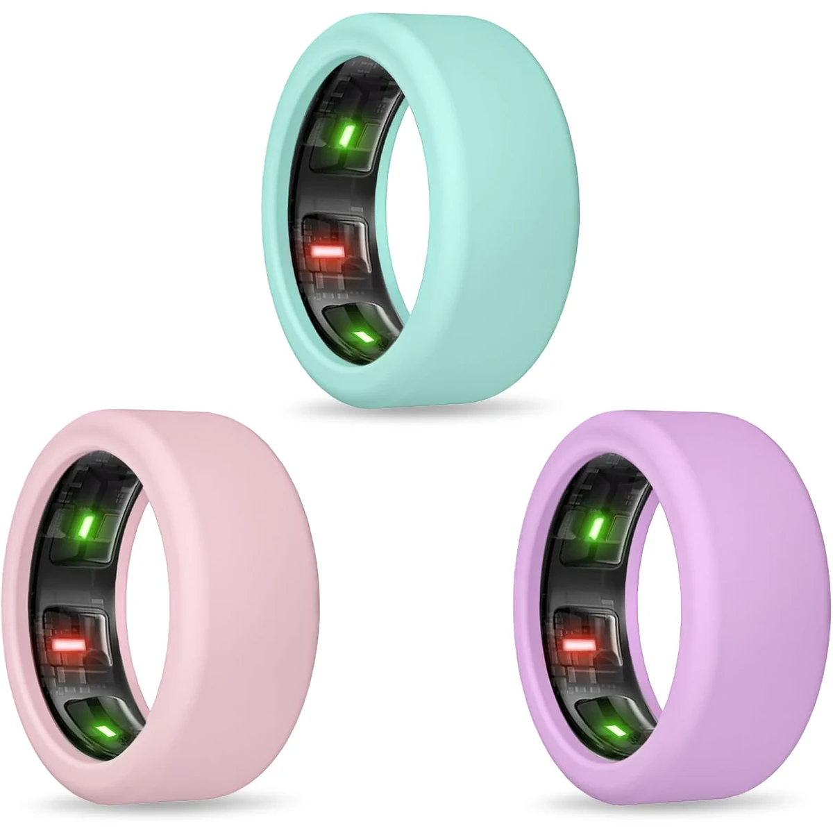 Teal, pink, and purple Sylacor silicone covers shown with smart rings