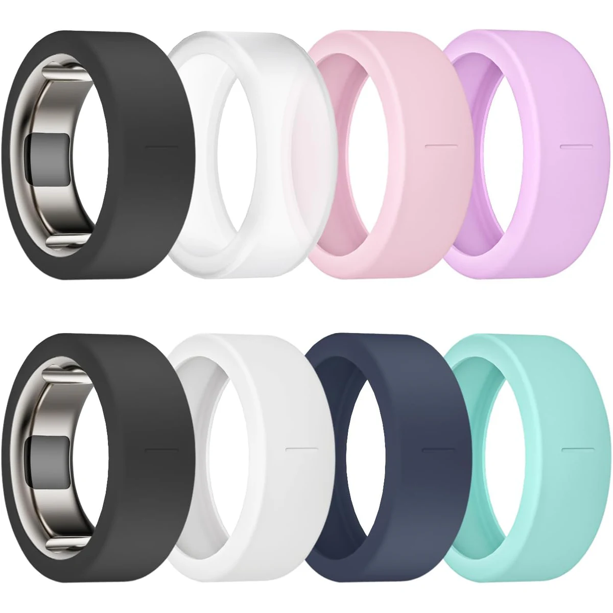 Eight assorted Sylacor silicone covers shown with two smart rings