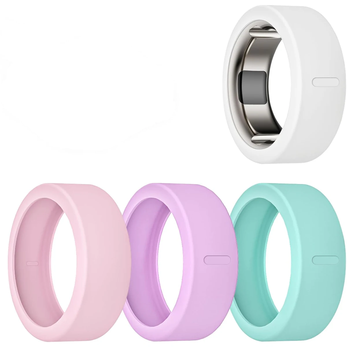 Four white, pink, lavender, and teal Sylacor silicone covers